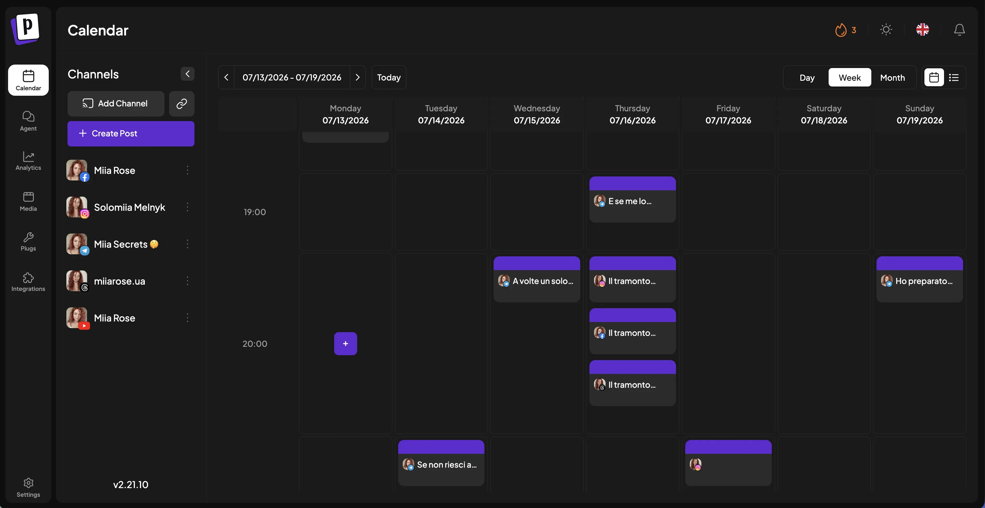 Publishing calendar showing scheduled content across social platforms