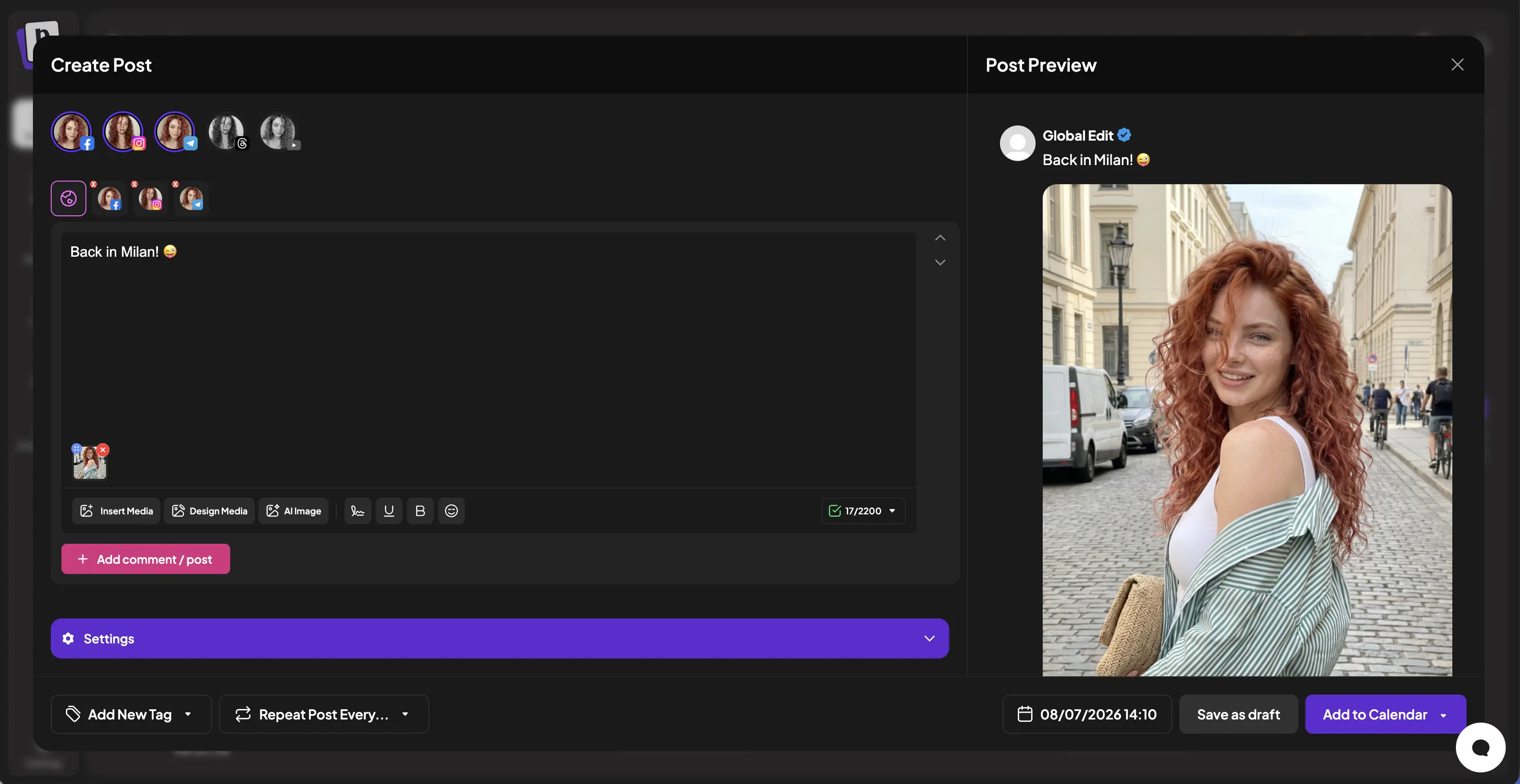 Post composer interface for preparing captions media and social publishing settings