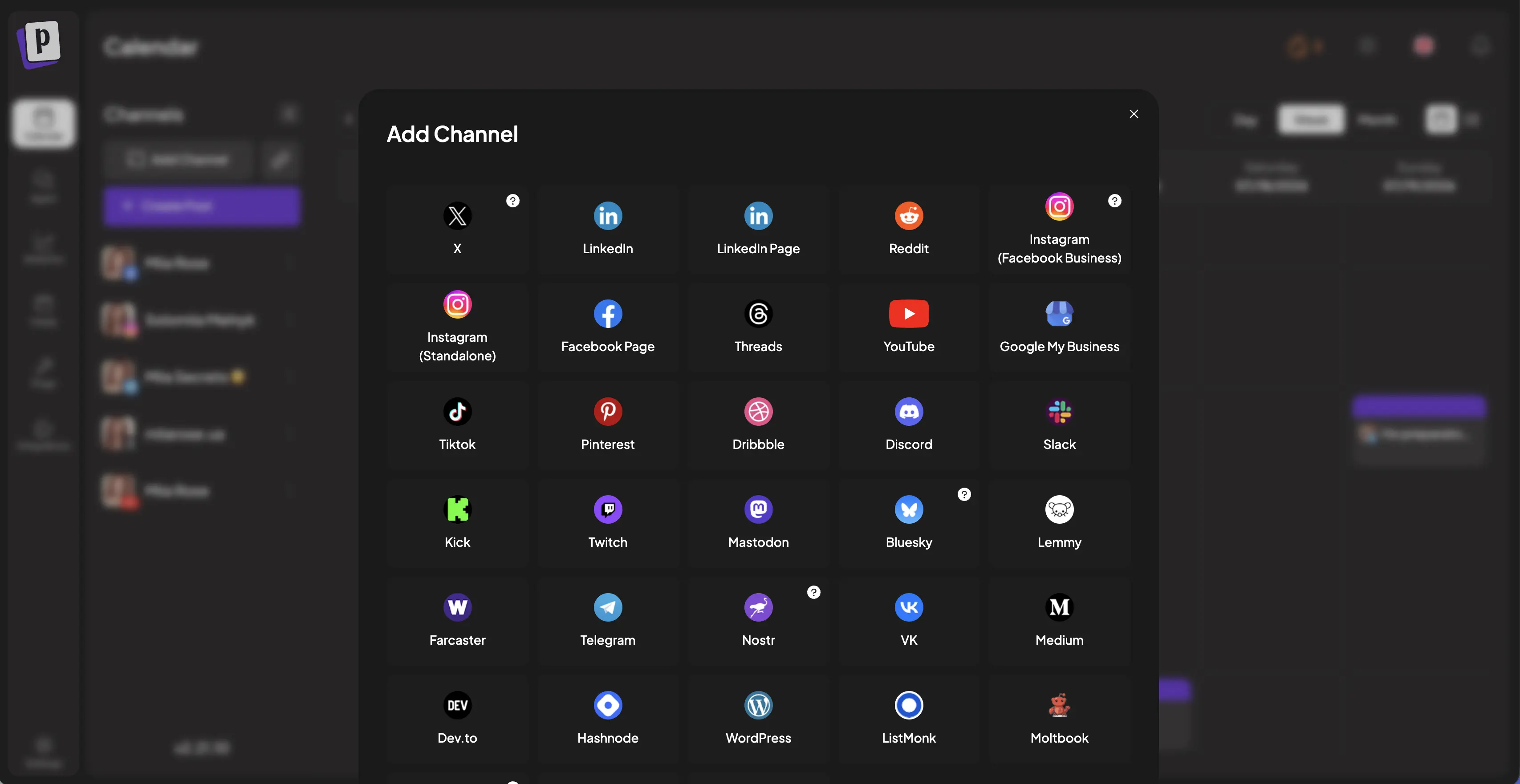 Connected social channels and account integrations interface